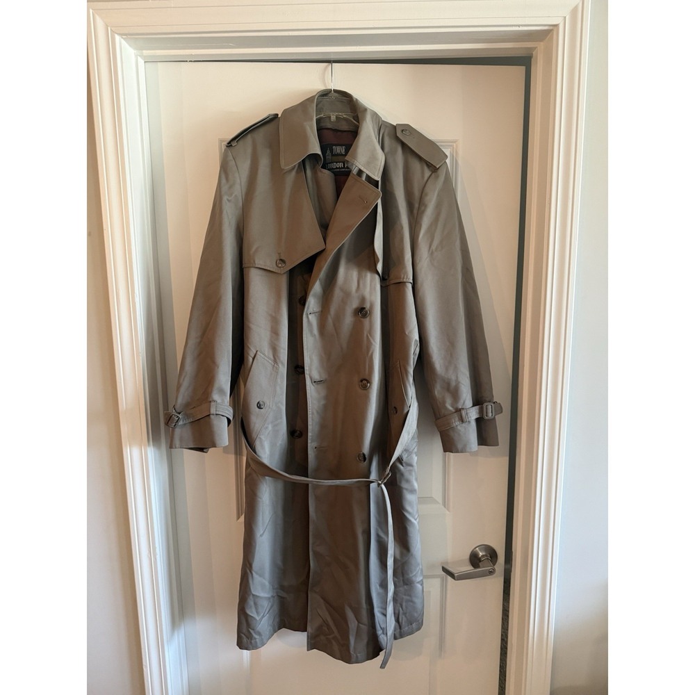 Towne By London Fog Trench Coat Mens 42 Long Tan Belted Classic Overcoat